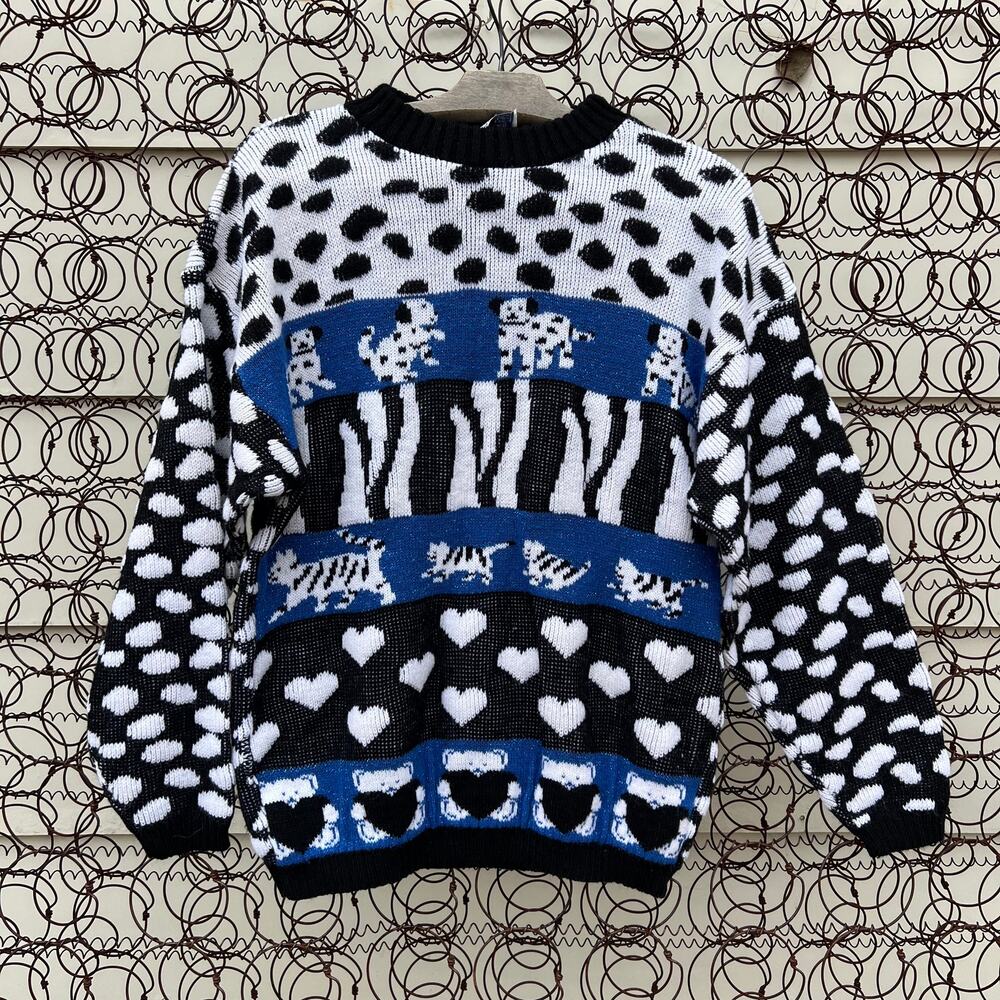 Vint. Cats Dogs Bears polka dot dalmatian metallic knit sweater black blue LARGE